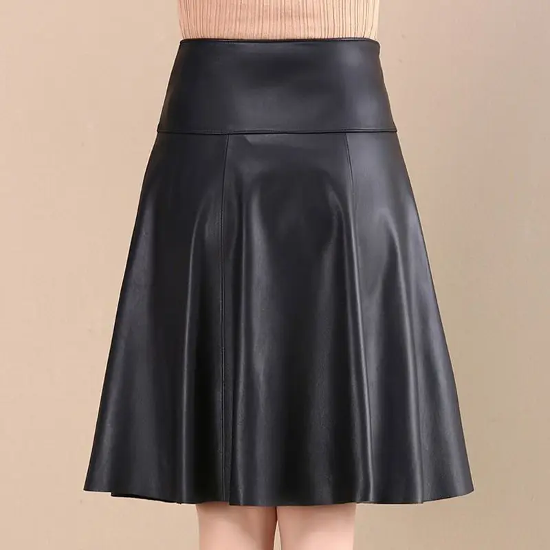 Women's Fashion Solid Color A-Line Leather Skirt S...