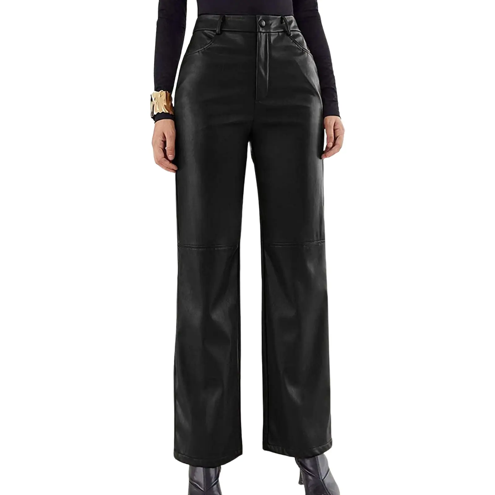 Women's PU Leather Solid Color High Waist Straight Casual Trousers