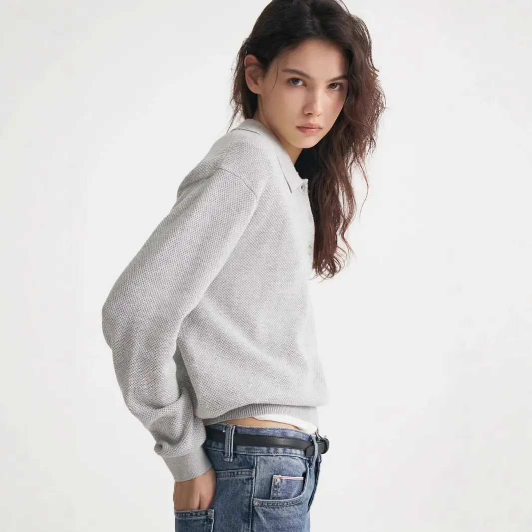 Women's Long-Sleeved Waffle Polo Shirt