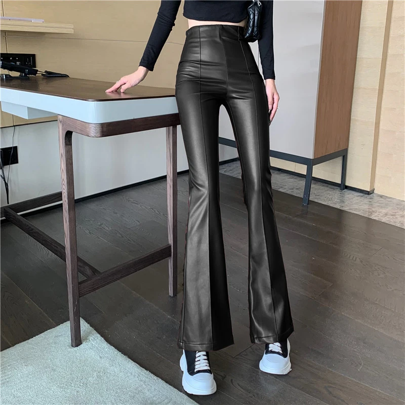 Vintage High Waist PU Leather Flare Casual Trouser...