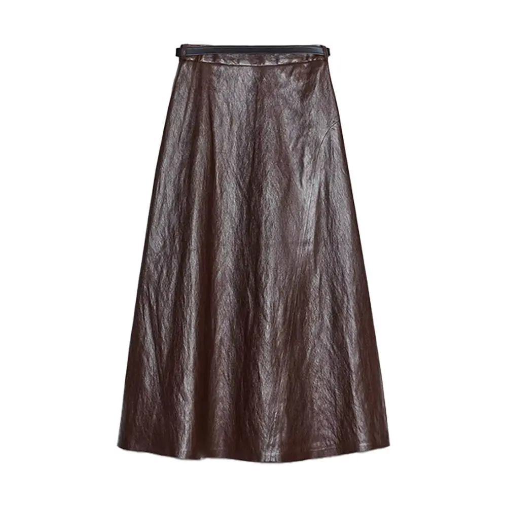Women's Fashion Temperament High-Waist Leather-Effect Belted Midi Skirt