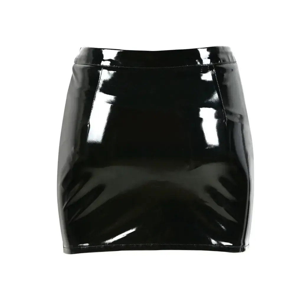 Women's Sexy Shiny Bodycon Mini Skirt Zip-Up Buckle Wet Look Latex Black Leather Slim Skirt