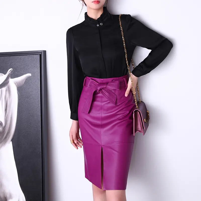 Women's Genuine Leather Bow Belt Mid-Length Skirt