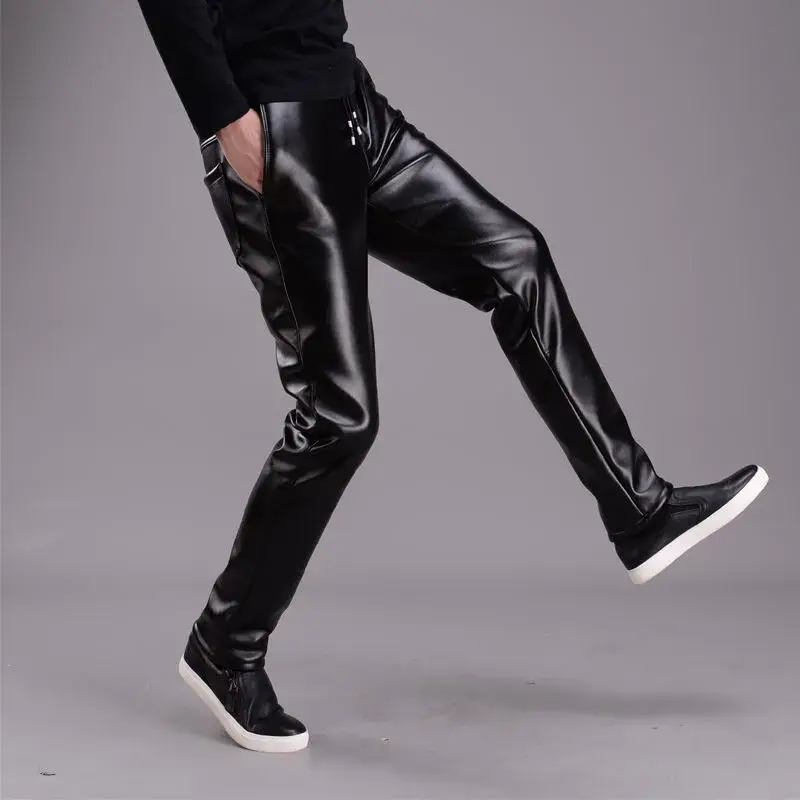 Men Windproof Slim Leather Pants Thickened Warm Trousers Black Leather Pants