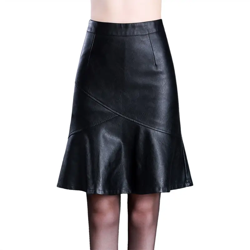 Women's PU Leather High-Waist Knee-Length Bodycon Skirt Office Lady Style