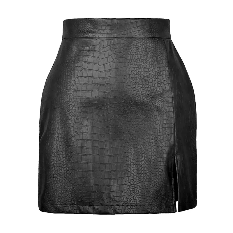 Women's Sexy Bodycon Front Slit Short Skirt Black PU Leather High-Waist Zipper Office Style