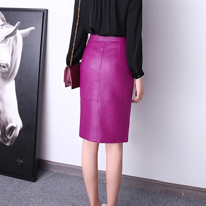 Women's Genuine Leather Bow Belt Mid-Length Skirt