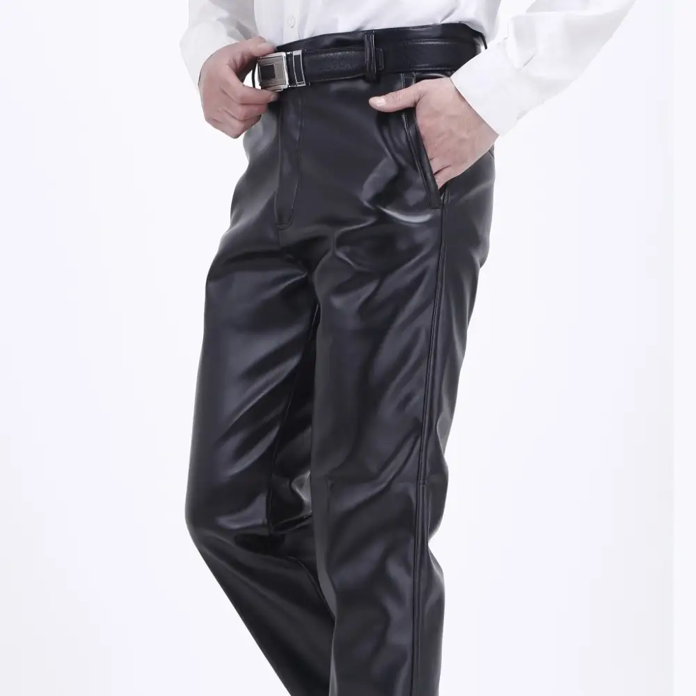 Men's Leather Pants Straight Fit Elastic PU Leather Trousers Motorcycle Pants Thin