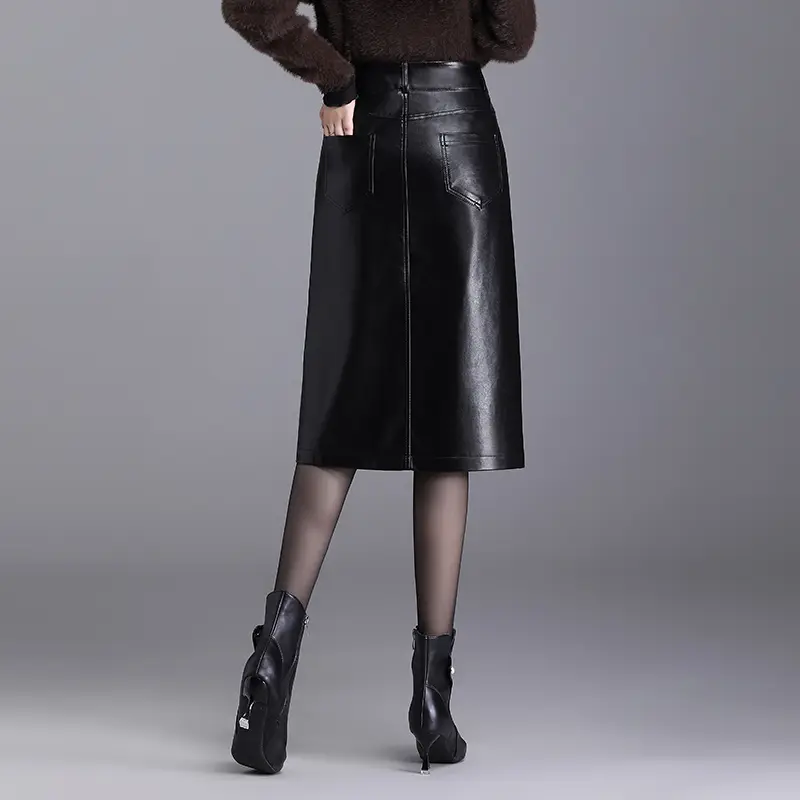 Fashion PU Leather High-Waist Bodycon Straight Slim Midi Skirt