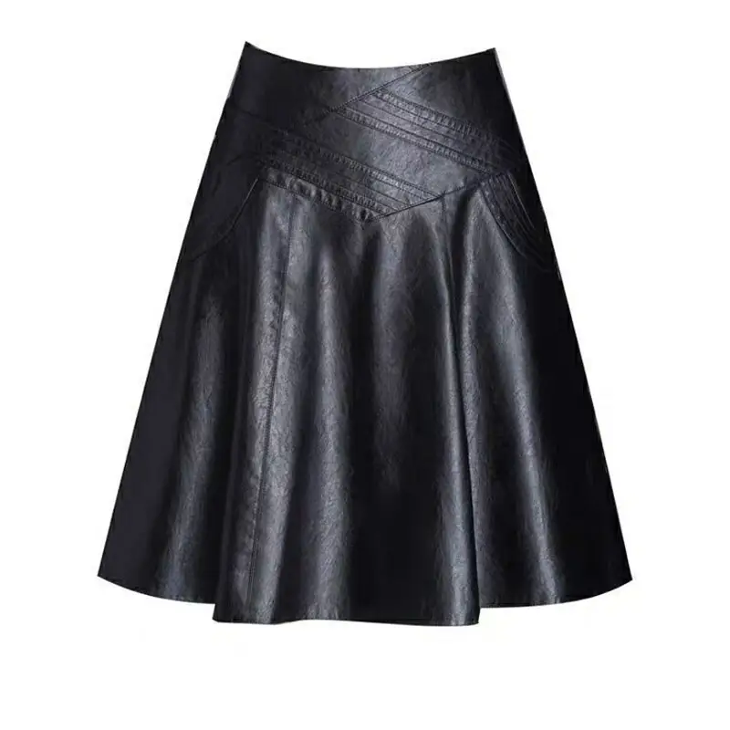 Women's Fashion Solid Color A-Line Leather Skirt Simple Slim High-Waist Zipper Skirt