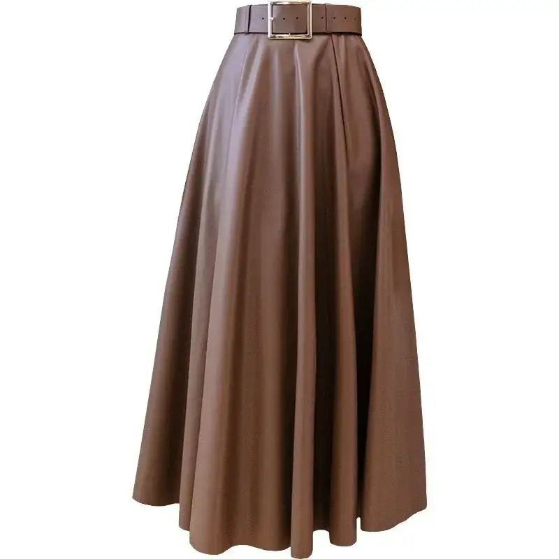 Leather Skirt High Waist Midi Skirt Women's Long Skirt Simple Pure Color Style