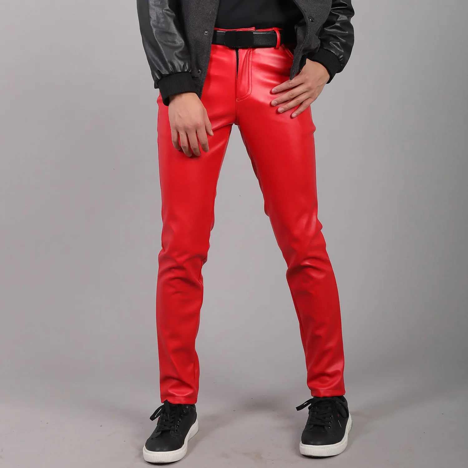 Men's Fashion Rock Style PU Leather Pants Men's Leather Slim-Fit Motorcycle Trousers