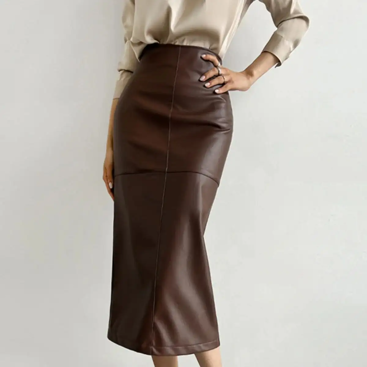 Fashion Office Lady High-Waisted Leather Slim Spli...
