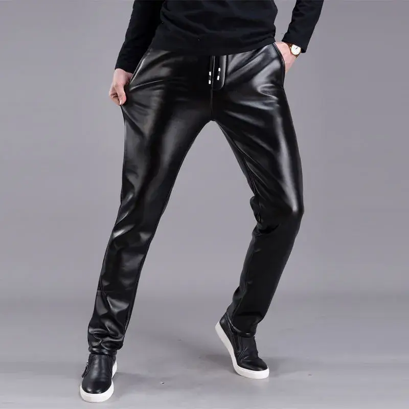 Men Windproof Slim Leather Pants Thickened Warm Tr...
