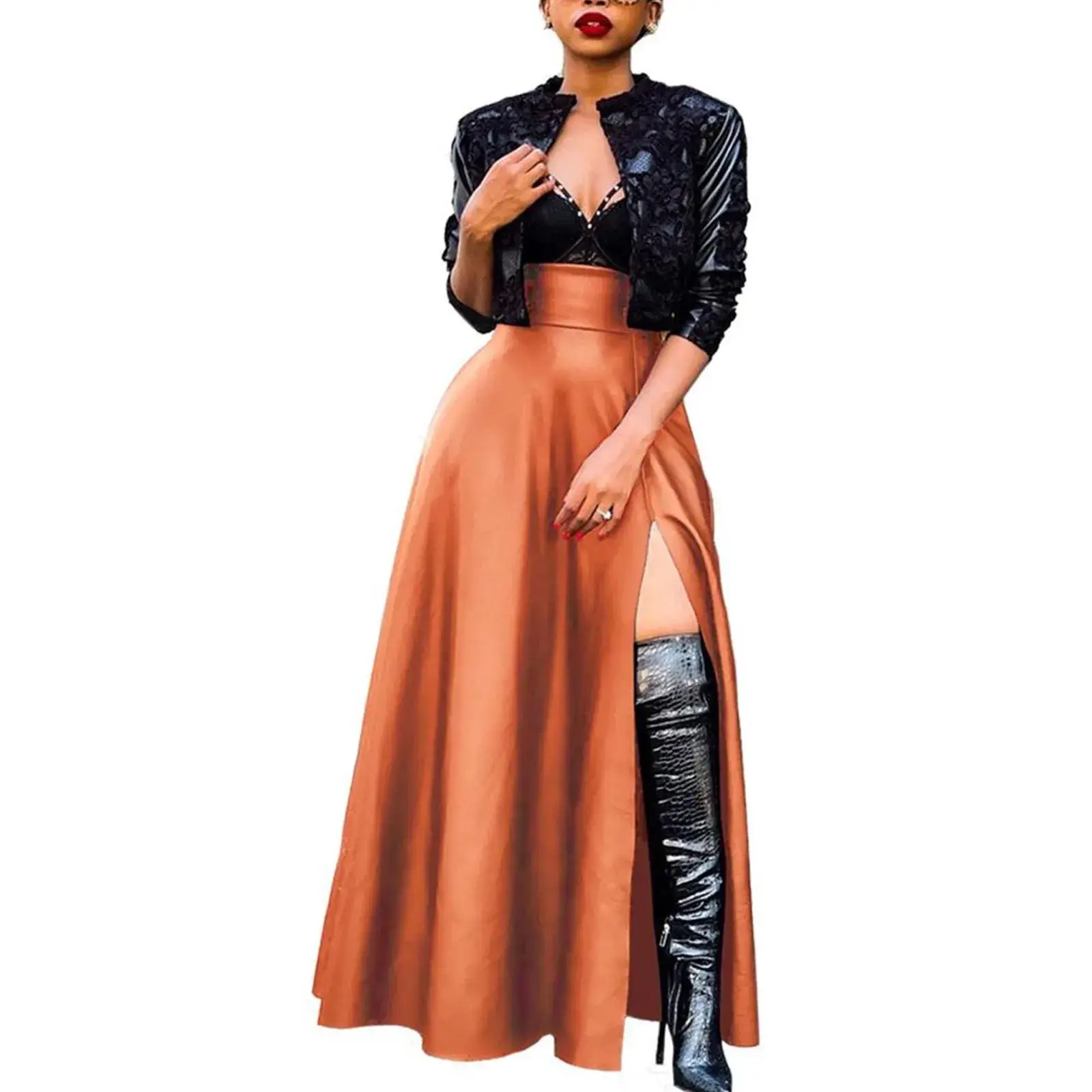 Women's High-Waist Faux Leather Solid Skirt High Slit Flared Irregular Elegant Long Skirt