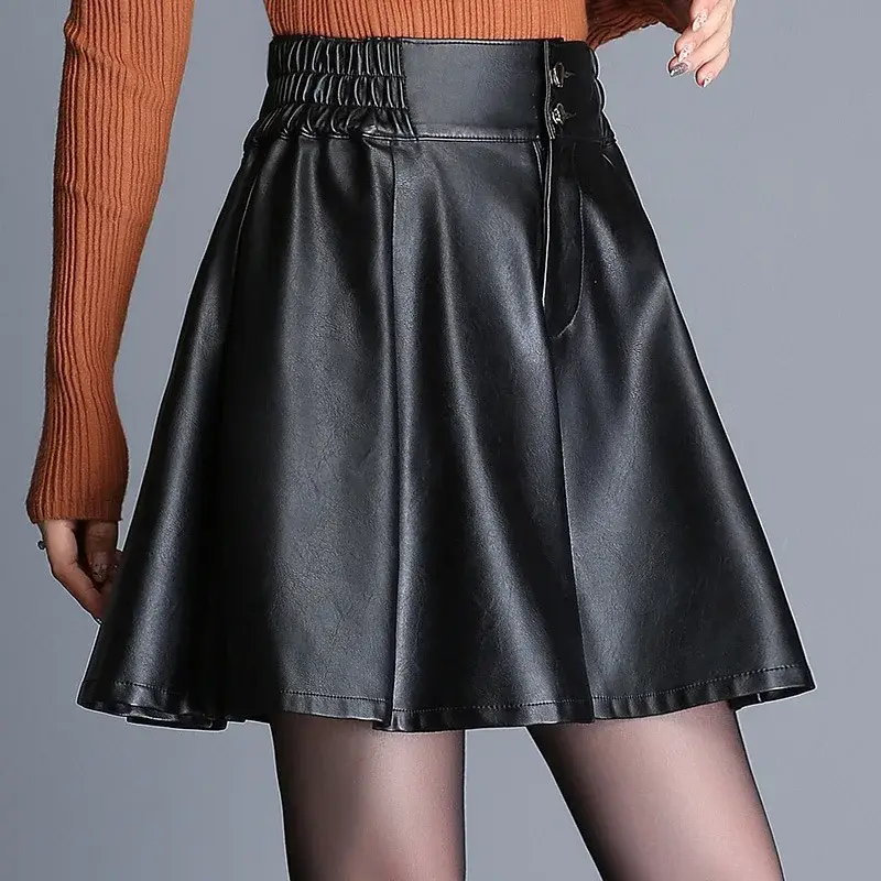 Sexy Elastic Waist PU Leather Pleated Mini Skirt E...