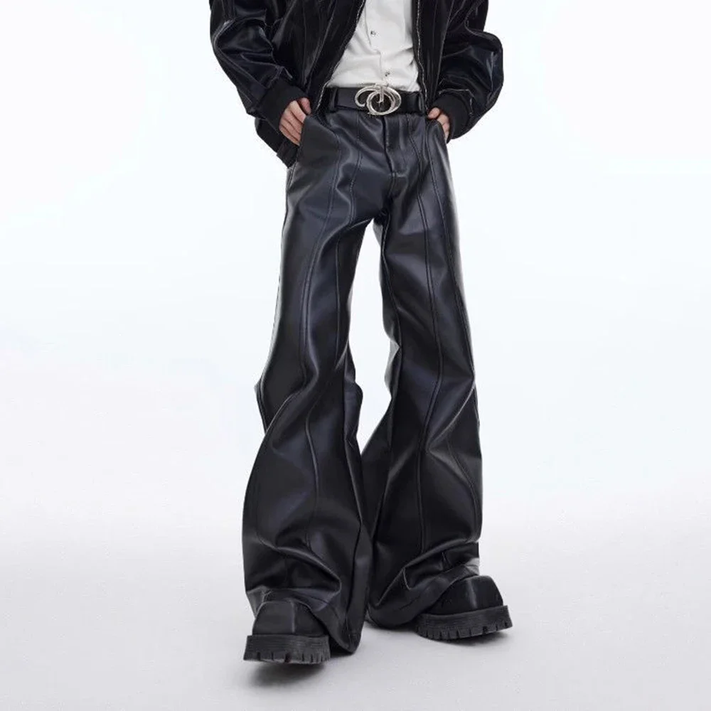 Men PU Leather Pants Three-Dimensional Deconstruction Plain Trousers