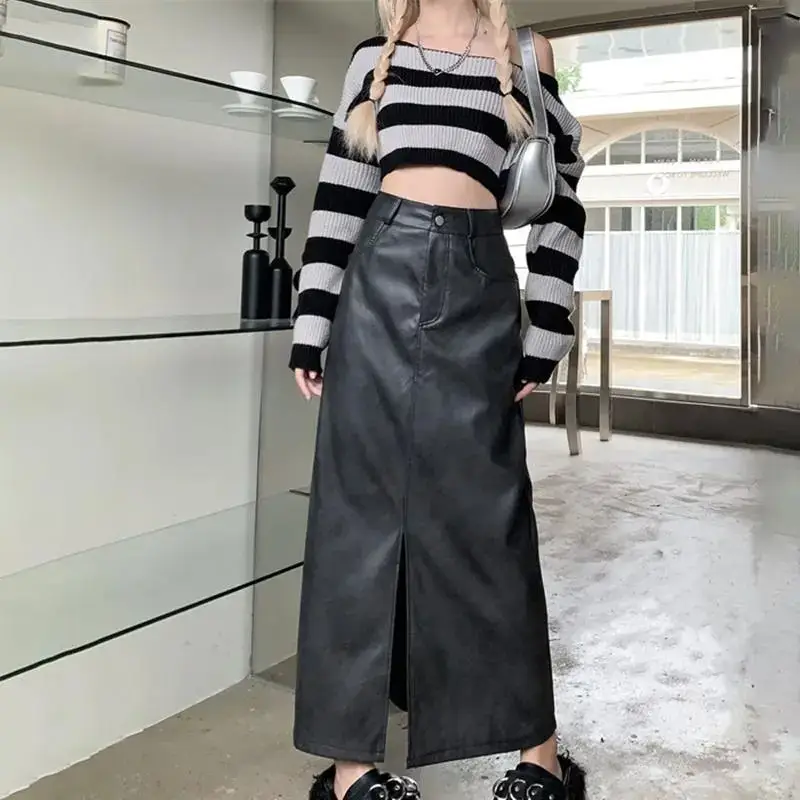 Mid-length Leather Skirt Women High-waisted