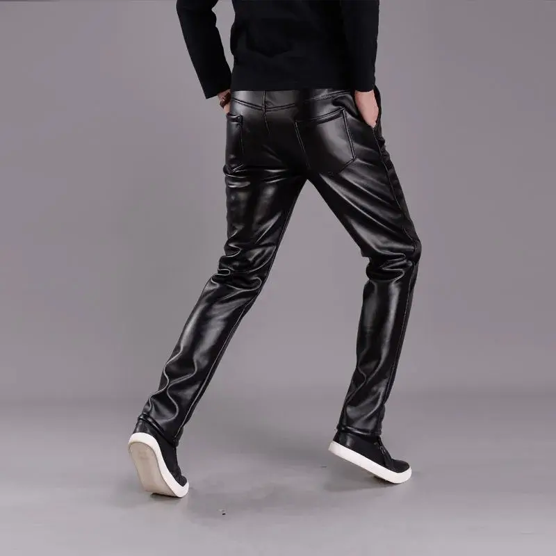 Men Windproof Slim Leather Pants Thickened Warm Trousers Black Leather Pants
