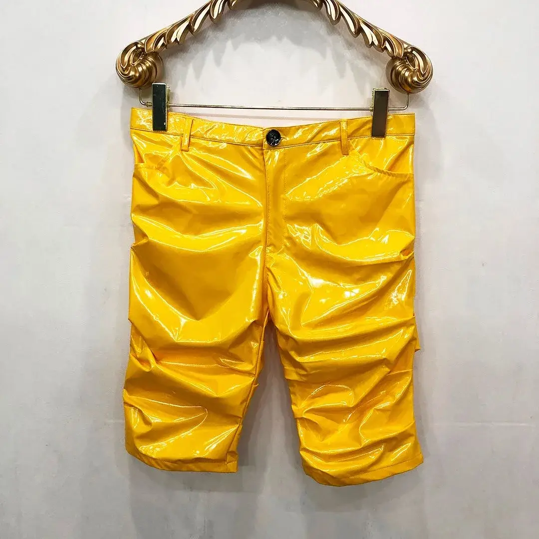 Shiny Faux Latex Men's Slim Fit PU Shorts Solid Color