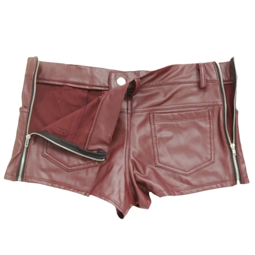 Men’s Faux PU Leather Shorts with Side Zipper Po...