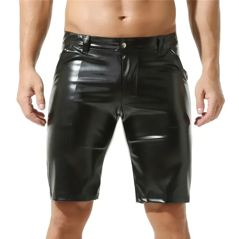 Men's Solid Color PU Leather Casual Shorts