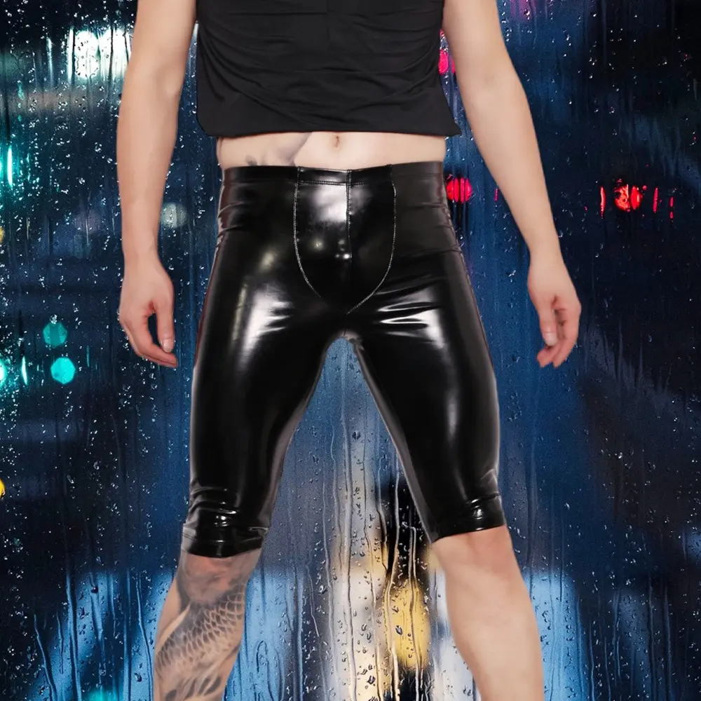 Men's Sexy Latex Shiny Tight PU Leather Shorts Stage Wear