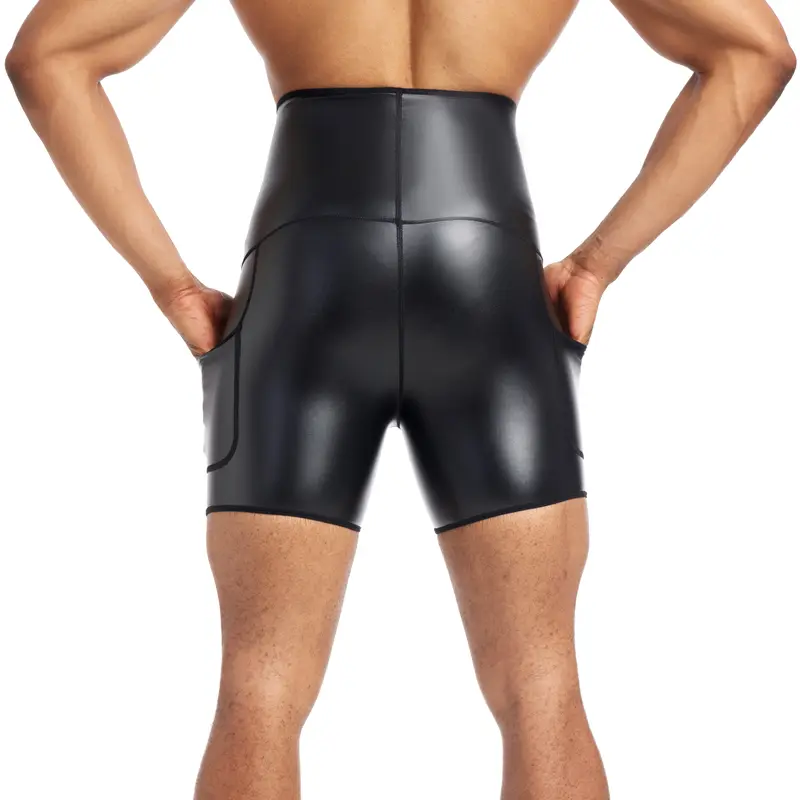 Men's High-Waisted Stretch Leather Fitness Workout Shorts
