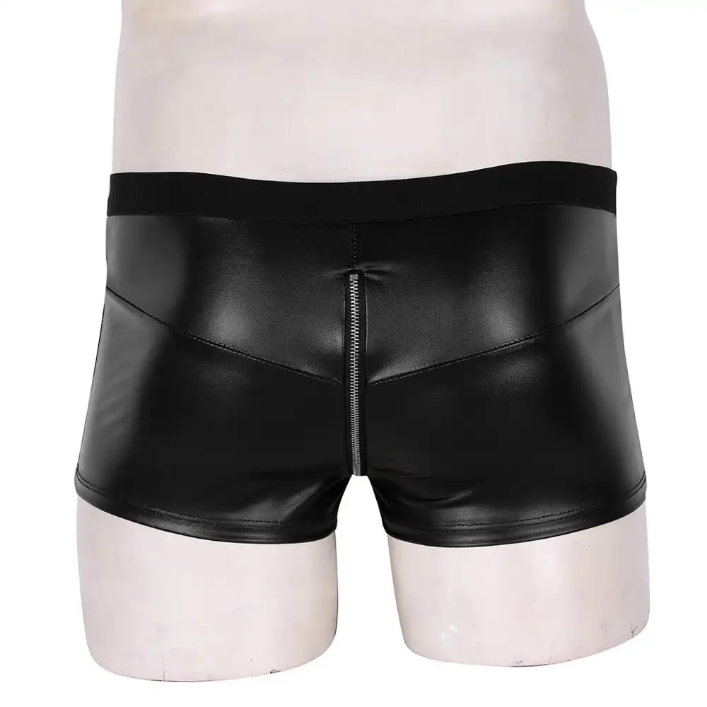 Men's Black Faux Leather Shorts with Zipper Detail