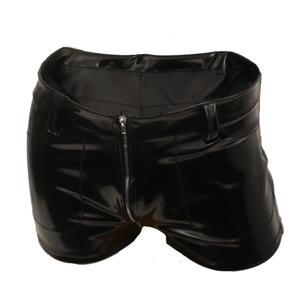 Men’s Wet Look PU Leather Shorts with Zipper Tig...