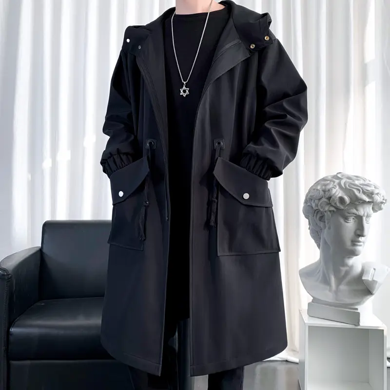 Men's Casual Solid Long Windbreaker Overcoat