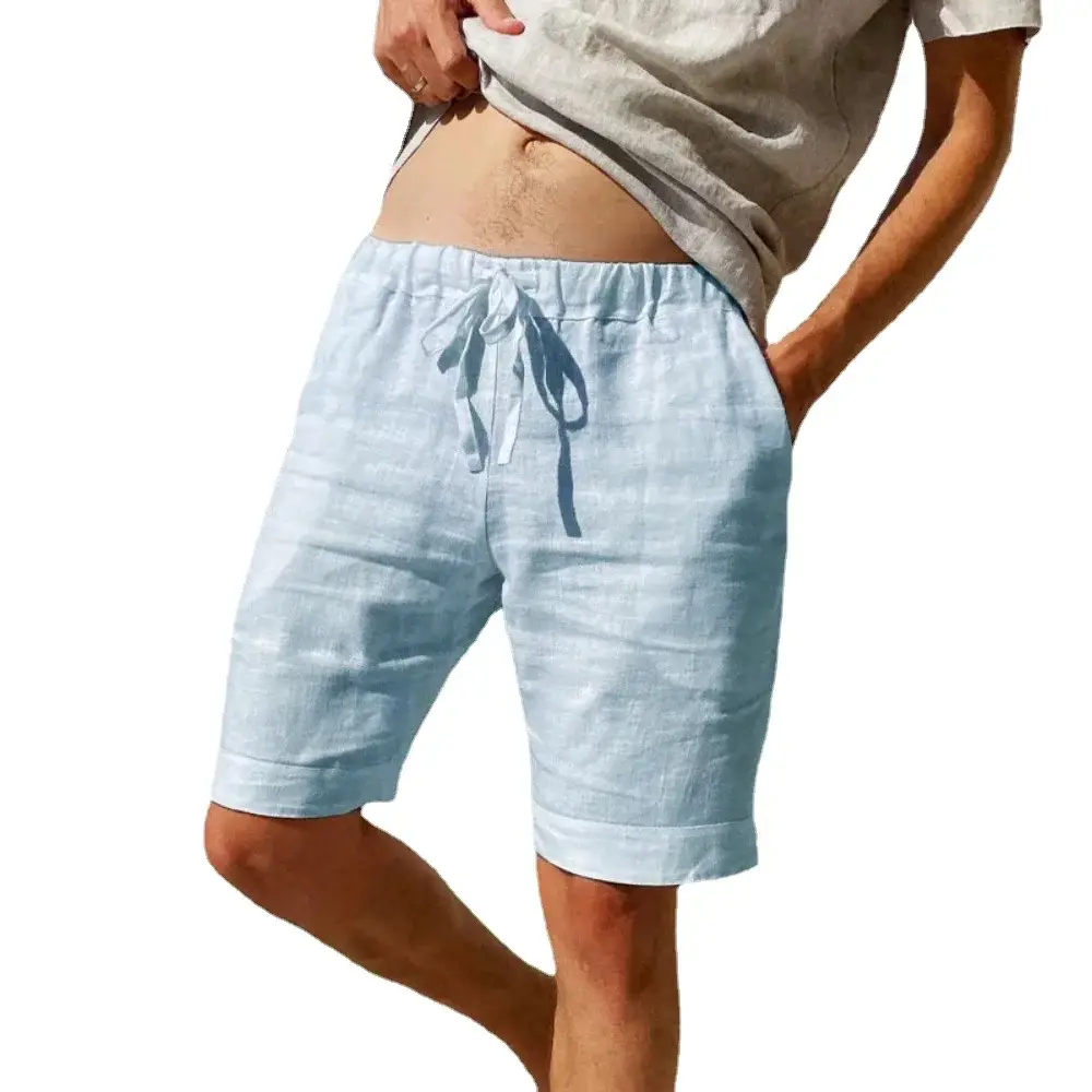 Men's Cotton Linen Breathable Shorts Pants Male Solid Color