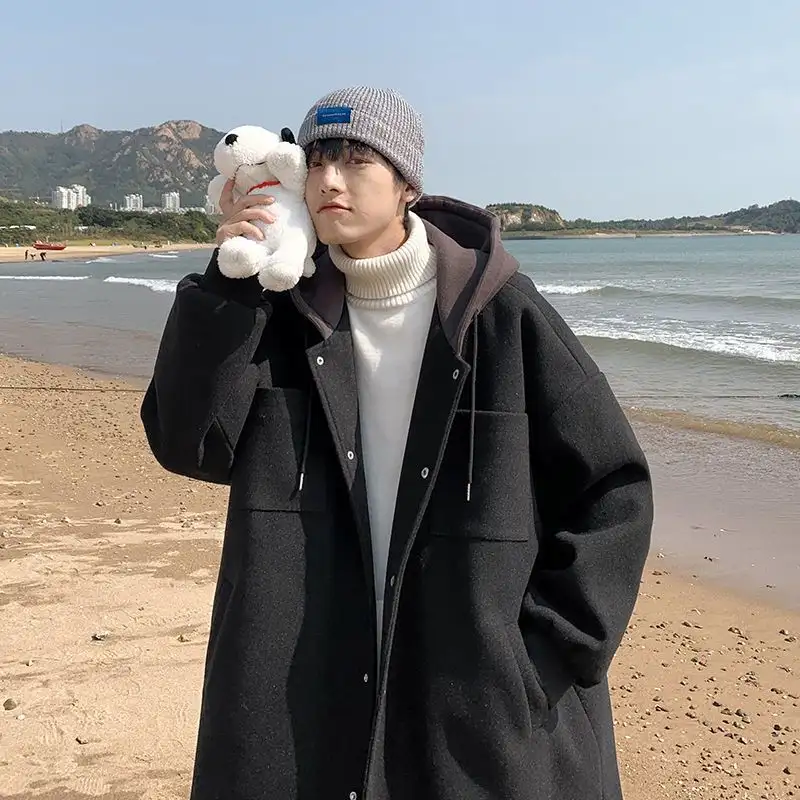 Hooded Coat Men Thick Loose Casual Jacket Mid-Leng...