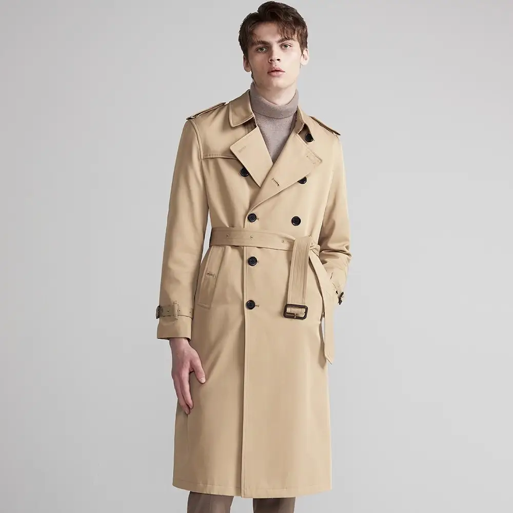 Men's Long Chic Trench Coat with Belt Double-Breasted Elegant Overcoat