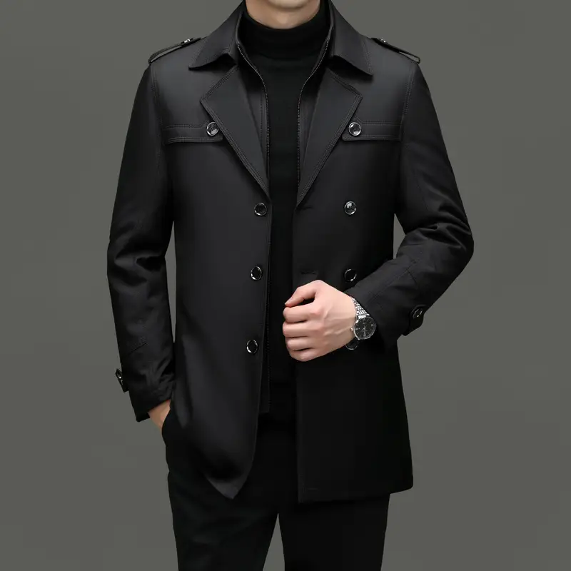 2 In 1 With Detachable Wool Lining Trench Coat Men Mid Length Thickened Jacket Business Warm Man