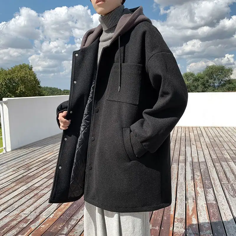 Hooded Coat Men Thick Loose Casual Jacket Mid-Length Windbreaker