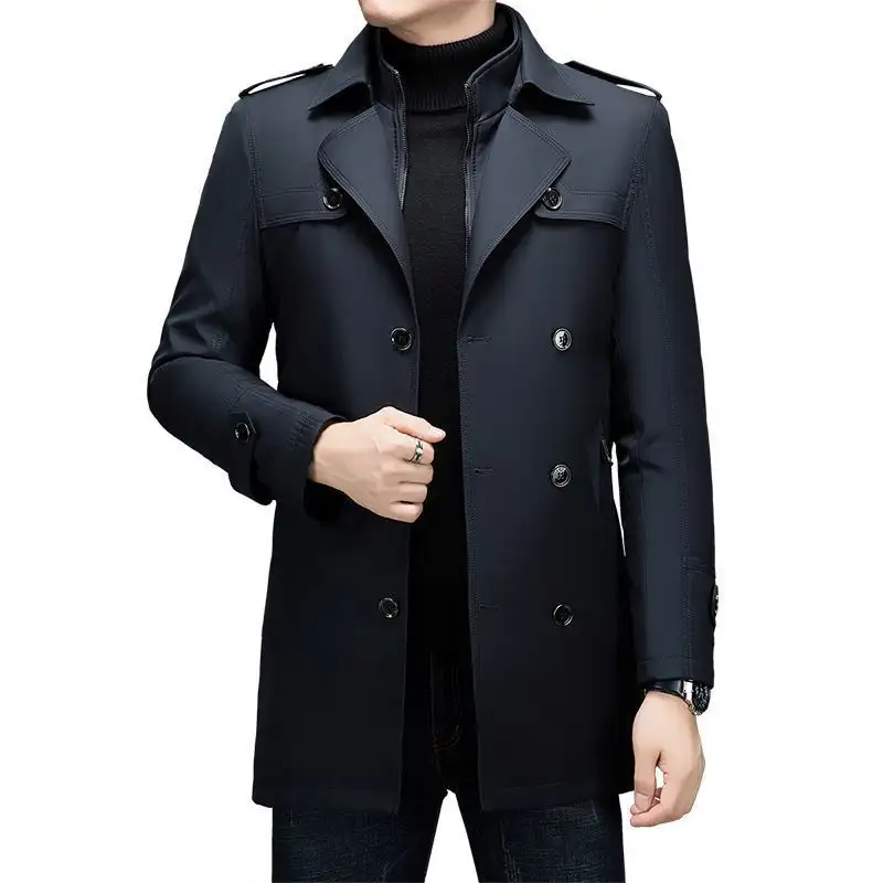 Men's Mid-Length Trench Windbreaker Suit Collar Casual Thick Cotton Jacket Detachable Warm Coat