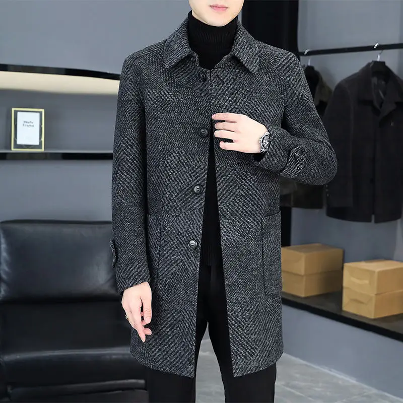 Double-Sided Woolen Coat Men's Mid-Length Casual Thickened Fashion Single-Button Business Casual Woolen Jacket