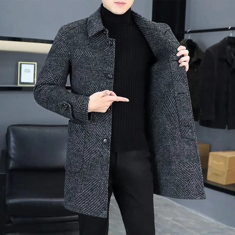 Double-Sided Woolen Coat Men's Mid-Length Casual Thickened Fashion Single-Button Business Casual Woolen Jacket