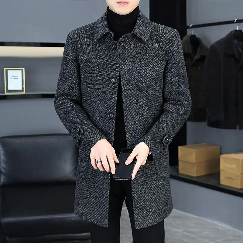 Double-Sided Woolen Coat Men's Mid-Length Casual Thickened Fashion Single-Button Business Casual Woolen Jacket