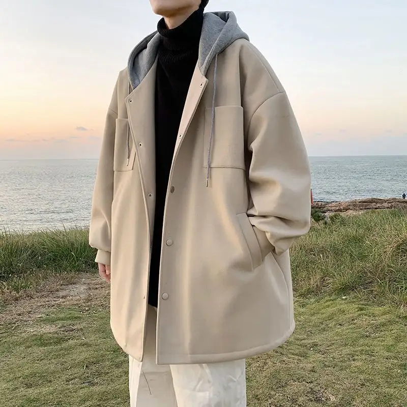 Hooded Coat Men Thick Loose Casual Jacket Mid-Length Windbreaker