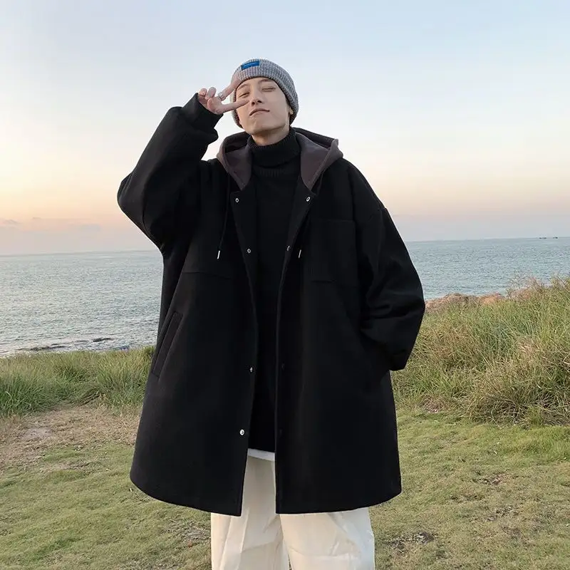 Hooded Coat Men Thick Loose Casual Jacket Mid-Length Windbreaker