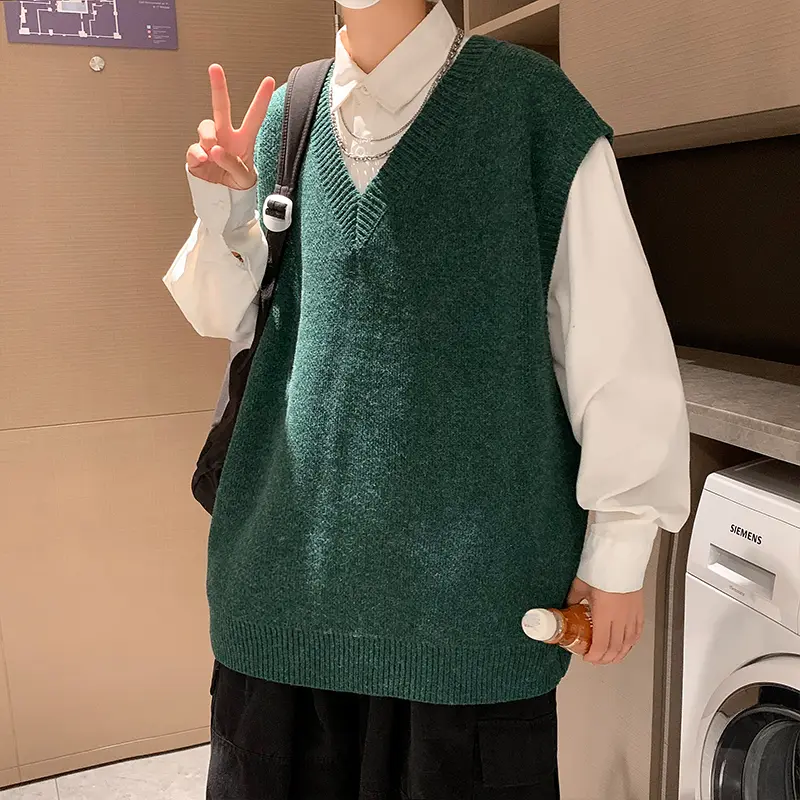 Men's Knitted Sweater Vest Trendy College Style V-Neck Loose Fit Outer Layer