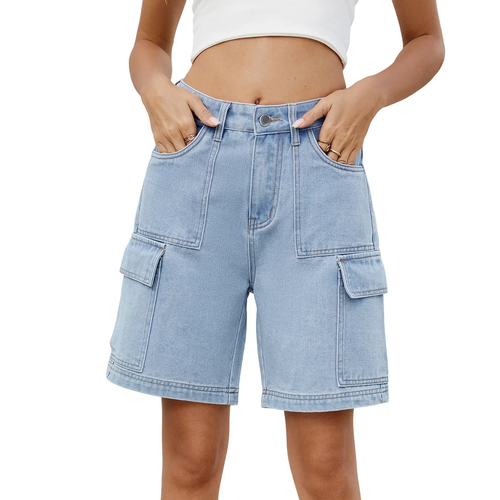 Women's Casual Mid Rise Straight Leg Knee Length Cargo Denim Shorts