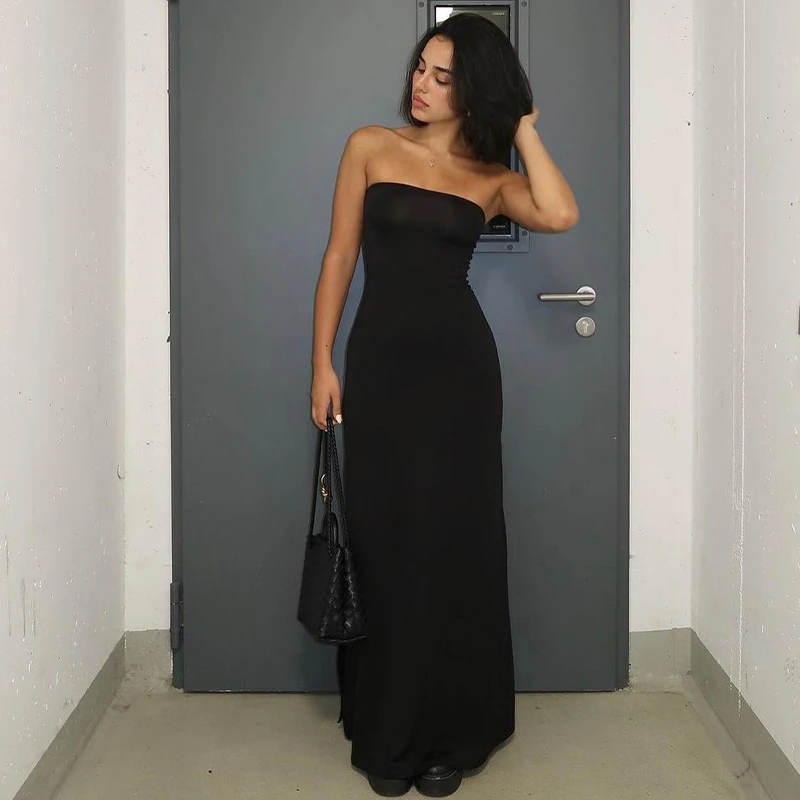 Black Strapless Long-Sleeve Sexy Slim-Fit Maxi Dress