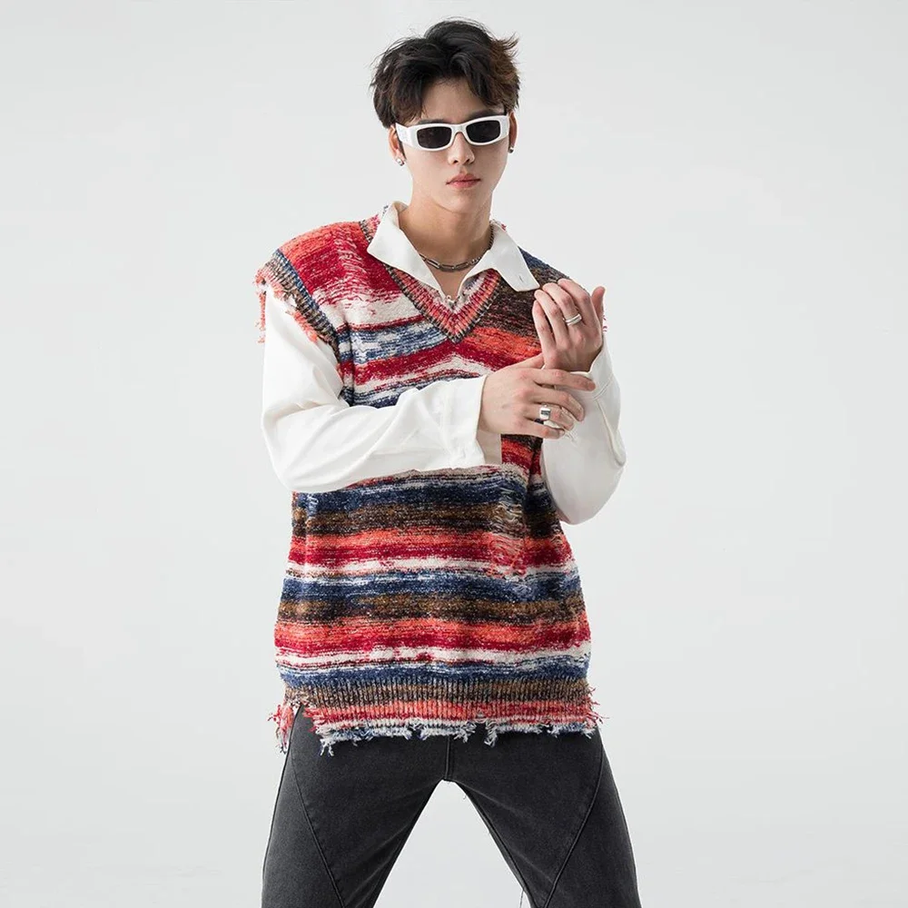 Gradient Stripe Sleeveless Washed Ripped Tie-Dye V-Neck Loose Knit Pullover Sweater Vest