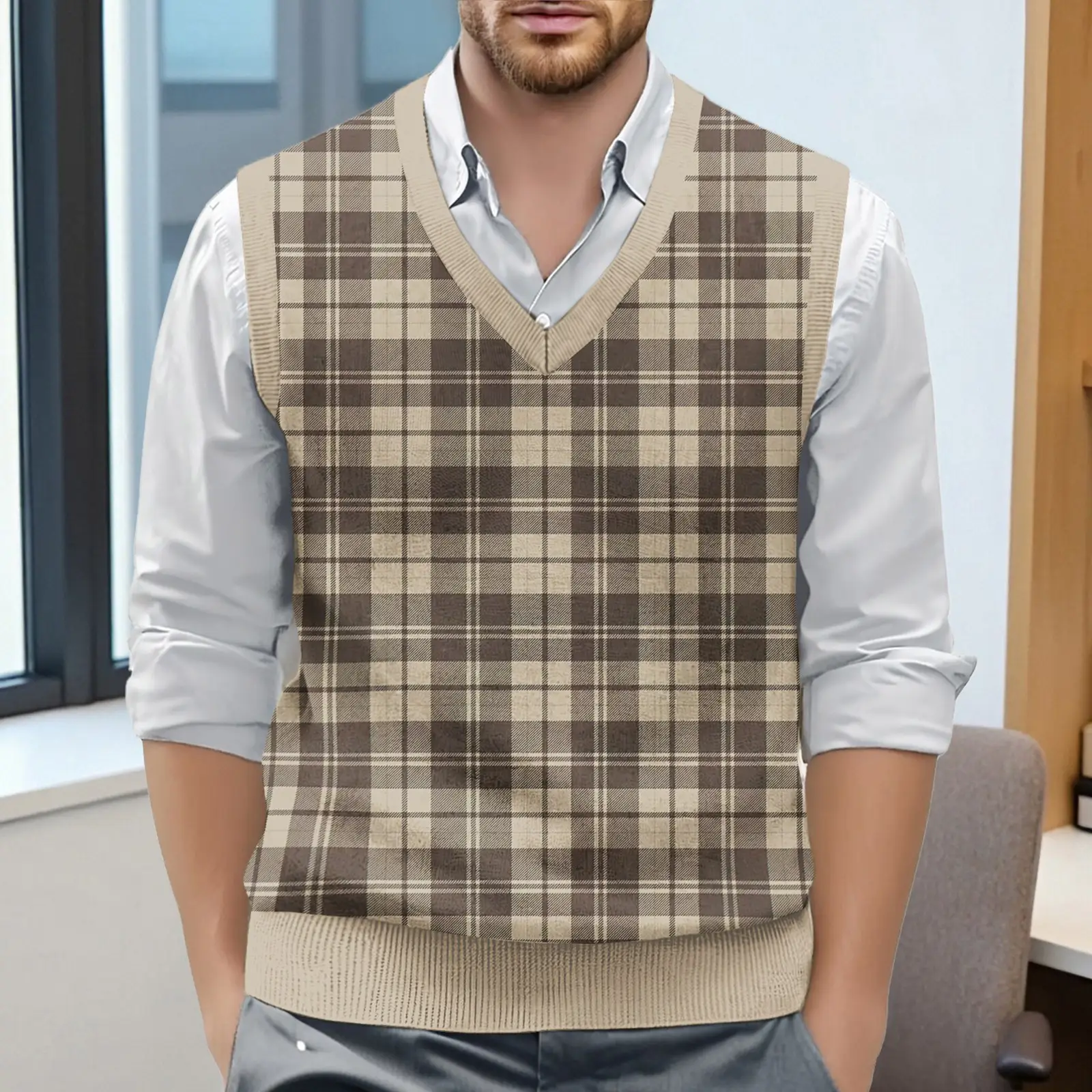 Men's British Style Checkered Knit Vest V-Neck Sleeveless Pullover Waistcoat