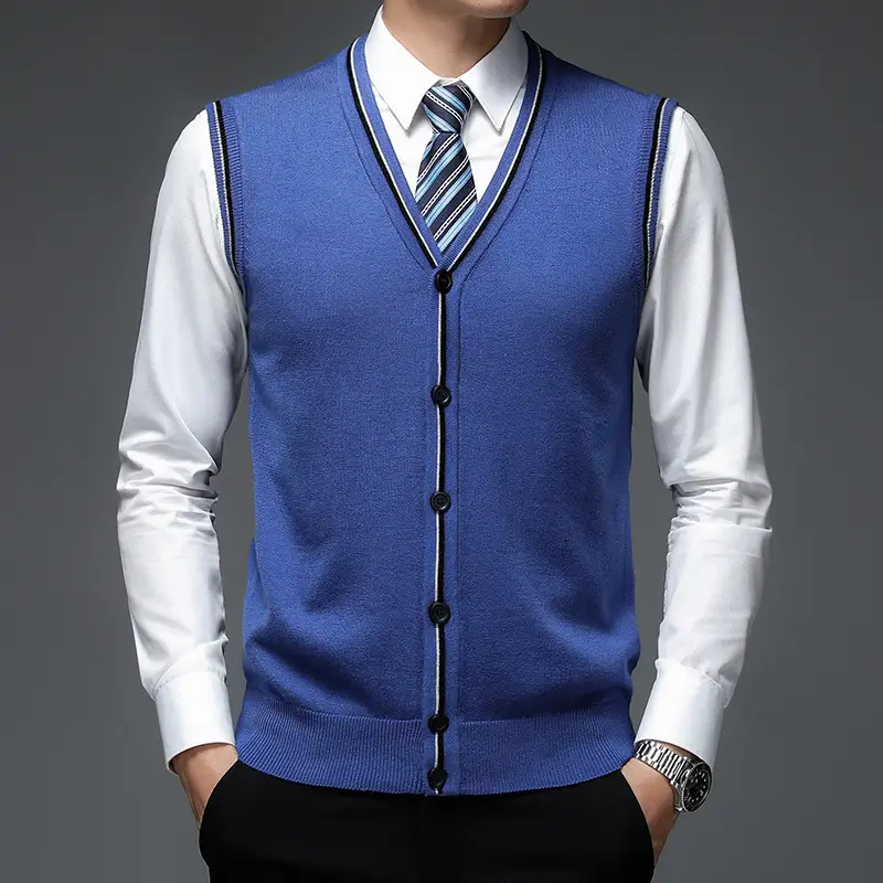 Men's Solid V-Neck Wool Cardigan Knit Vest Trendy Sleeveless Casual Sweater