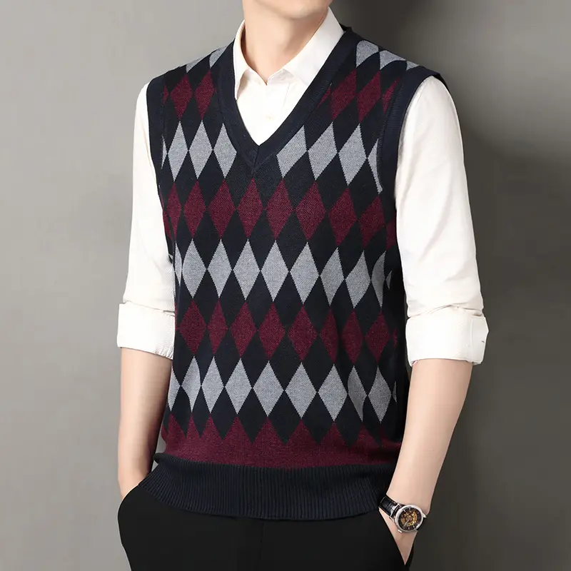 Men's V-Neck Argyle Knit Vest Casual Waistcoat Top