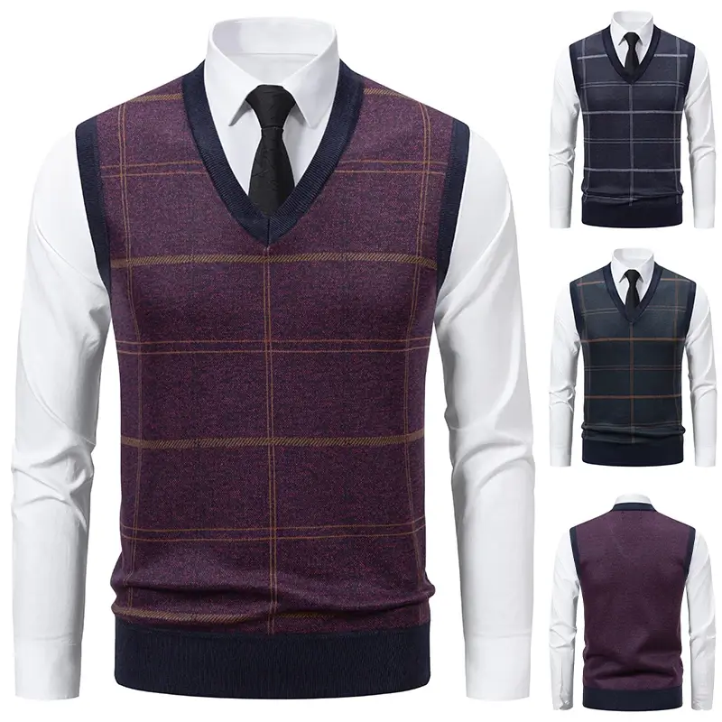 Men's V-Neck Knitted Sweater Vest Warm Diamond Pattern Twist Design Casual Versatile Top